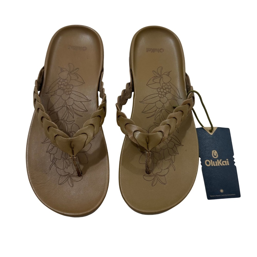 OluKai Lei Womens Tan Leather Braided Thong Sandals Flip Flops 20531-3434 Size 9